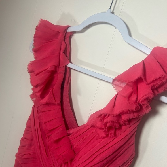 bebe, size 0 coral pink dress, ruffles, silky lining, crisscross back with slits - Picture 2 of 6